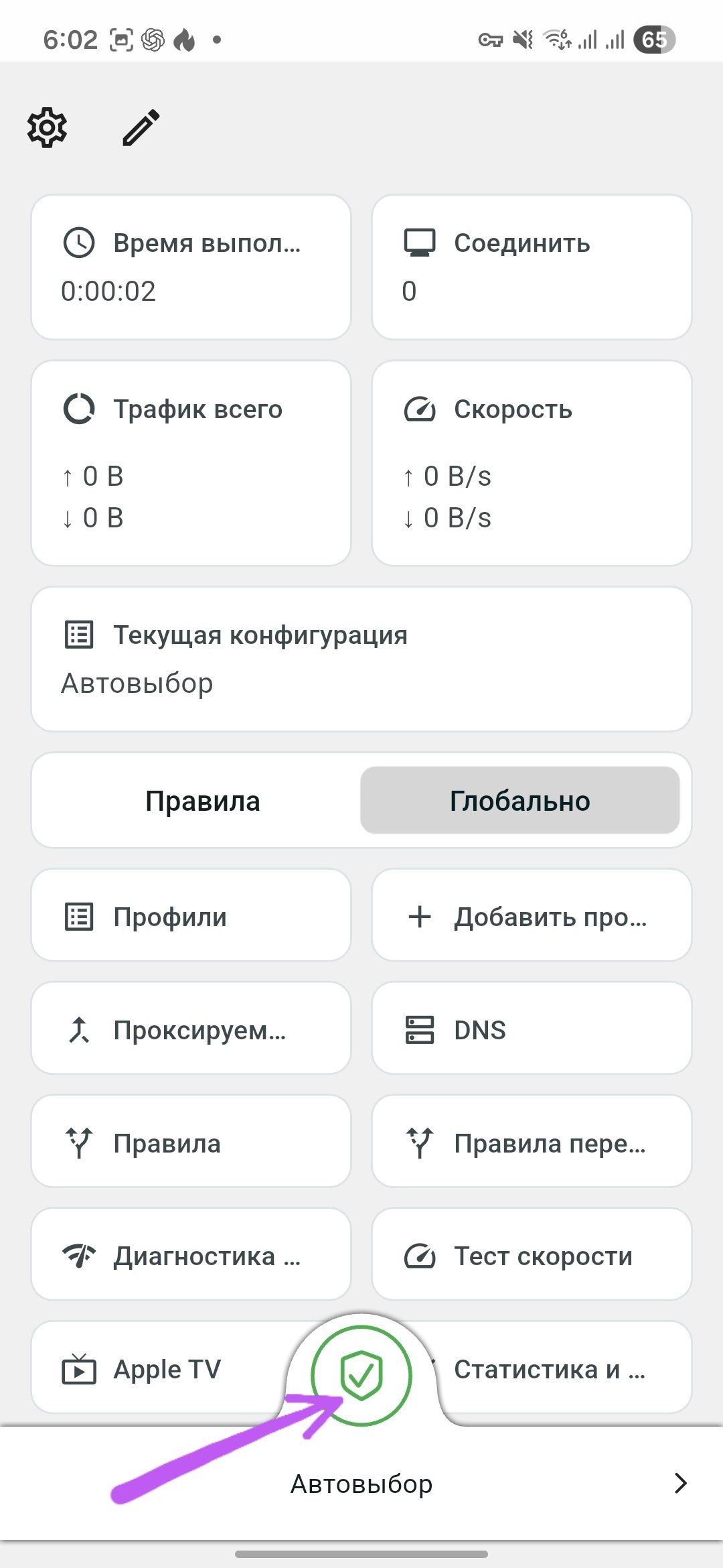 Главный экран Karing с зелёной кнопкой подключения